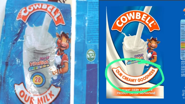 Aworan ayederu ati ojulowo Cowbell 'Our Milk' ti giramu mejila ti a gbe si ẹgbẹ ara wọn