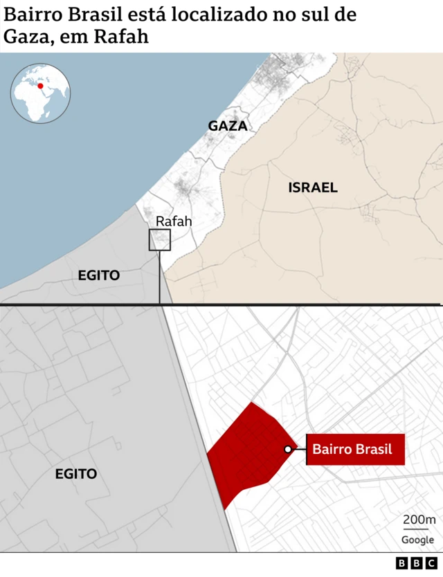 Mapa mostra localização do bairro Brasil em Rafah, ao sul da faixa de Gaza, próximo à fronteira com o Egito