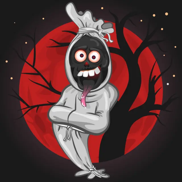Ilustrasi pocong dalam bentuk kartun.
