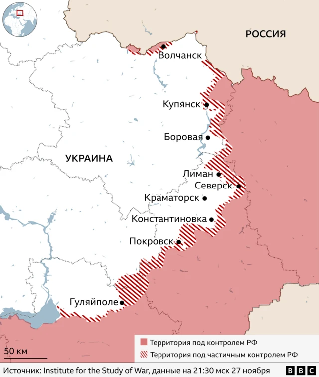 Карта линии боестолкновения в Украине