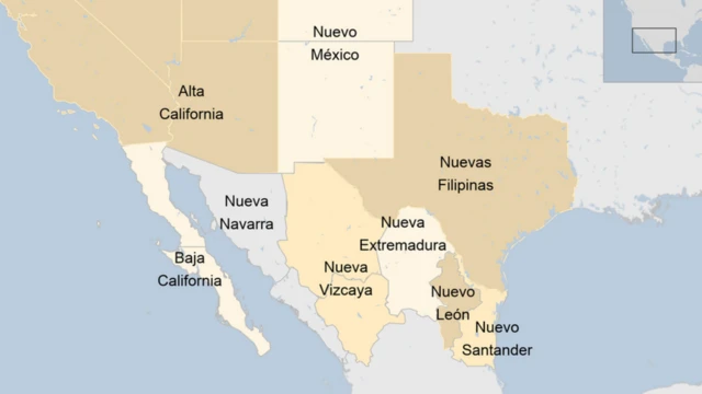 Mapa que muestra las diferentes provicias del norte de Nueva España