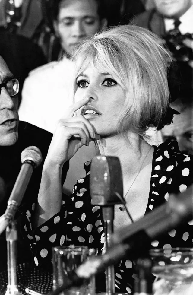 Бардо на пресс-конференции после выхода фильма французского режиссера Луи Малля «Вива Мария». 1965 год