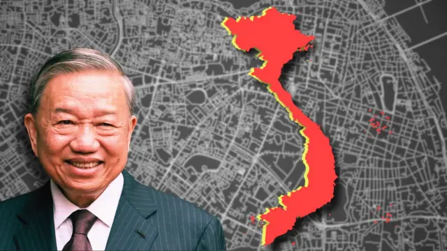 Ảnh thiết kế: ông Tô Lâm mặc áo vest, mỉm cười, trên nền bản đồ Việt Nam 