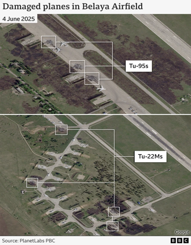 A satellite image showing damaged planes on the runway at Belaya airfield. Annotations show a series of jets at the base. 