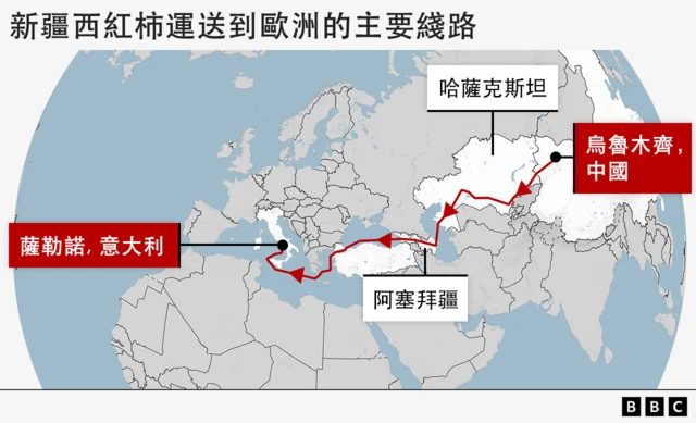 地图显示大多数新疆西红柿运往义大利的路线——从乌鲁木齐开始，到萨勒诺结束。