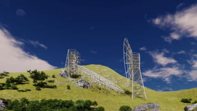 Ilustración del proyecto del radiotelescopio "BINGO" con sus espejos parabólicos