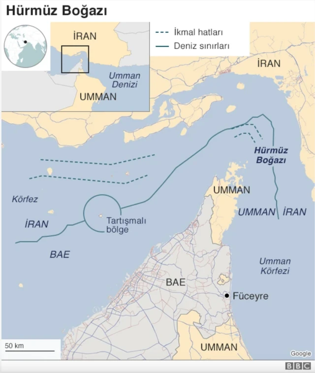 Hürmüz boğazının konumunu ve sınırları gösteren harita. 