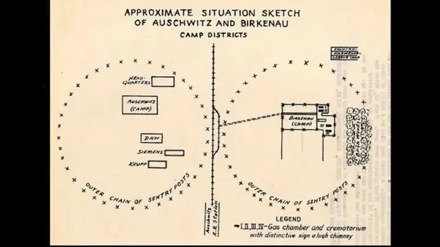 Uno de los bocetos hechos por Vrba y Wetzler, mostrando la ubicación aproximada de Auschwitz-Birkenau, sus cámaras de gas y crematorio.