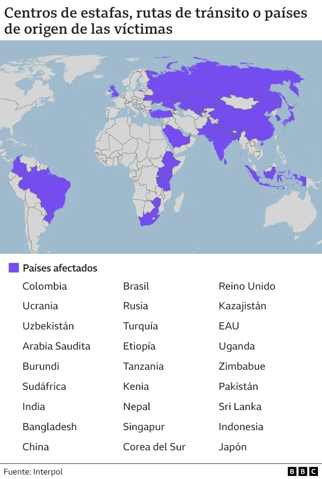 Mapa que muestra los principales centros de estafas digitales en el sudeste asiático. 