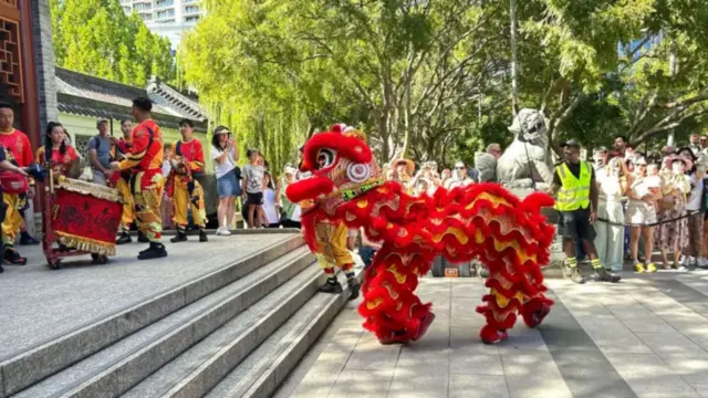 Hundreds turn out to watch di traditional lion dey dance.