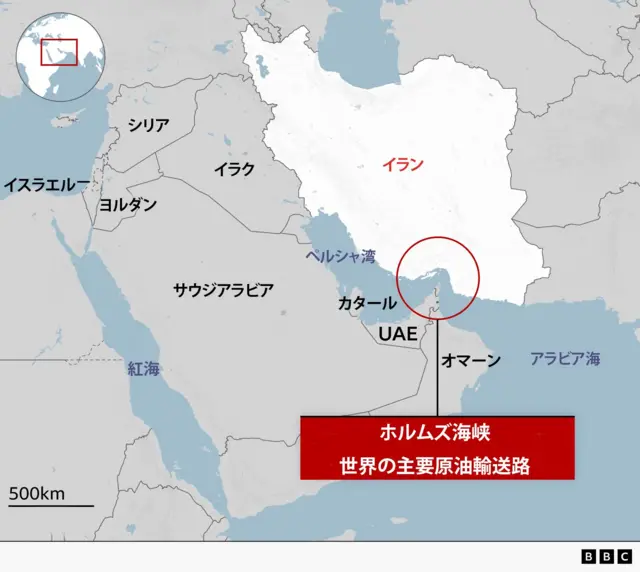 ホルムズ海峡の位置を示した中東の地図