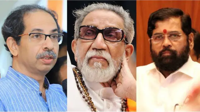उद्धव ठाकरे, बाळासाहेब ठाकरे आणि एकनाथ शिंदे 