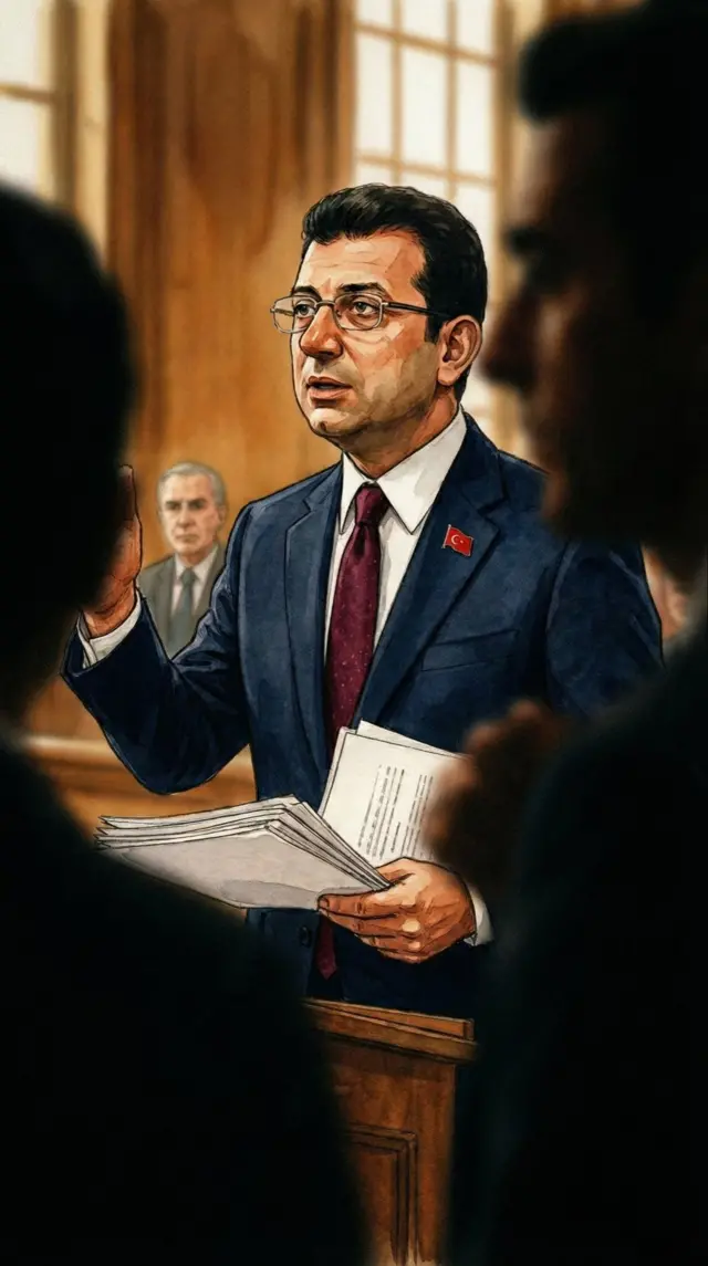 Ekrem İmamoğlu'nun mahkemede kendisini savunurken canlandırıldığı bir görsel