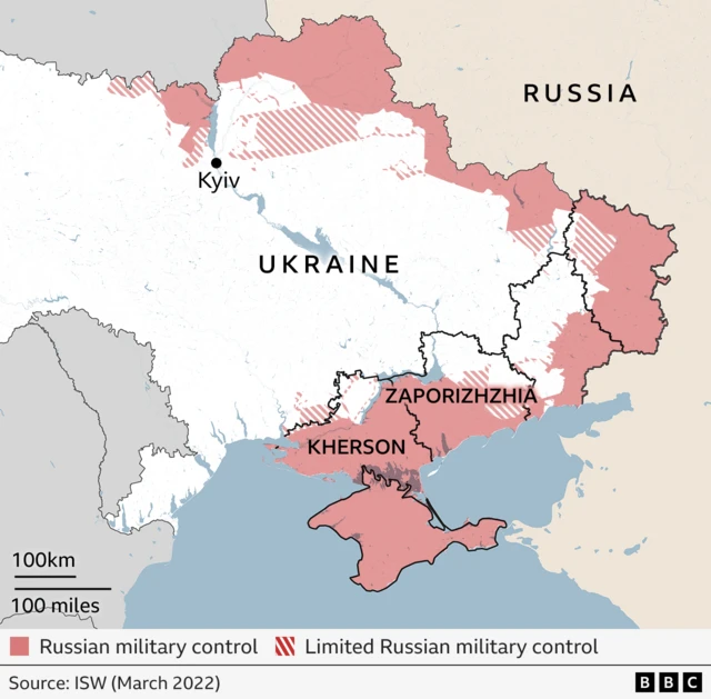 Map showing Russian military control in Ukraine one month into the war. Solid red areas indicate full Russian control and stretch up to 100km from the Russian border in eastern Ukraine; red diagonal lines show limited control and almost reaches the capital of Kyiv – it shows the regions of Zaporizhzhia and Kherson in the south east. Source: ISW (March 2022)