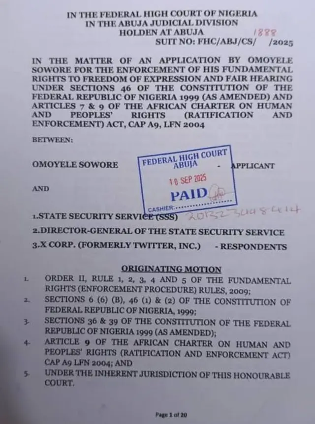 Iwe ẹjọ ti Sowore pe tako DSS