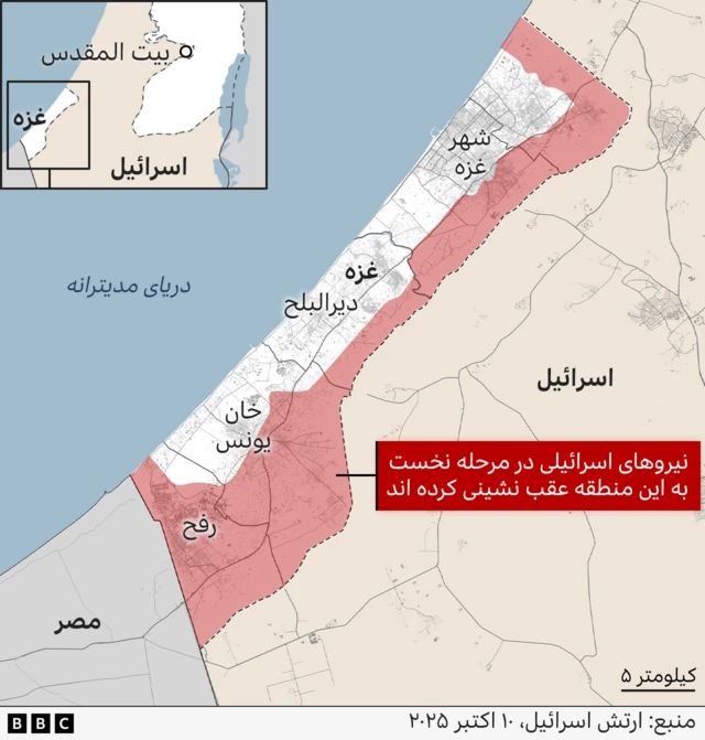 نقشه‌ای از غزه که خط زرد را نشان می‌دهد، جایی که نیروهای اسرائیلی طبق مرحله نخست توافق آتش‌بس، تا آن نقطه عقب‌نشینی کرده اند.