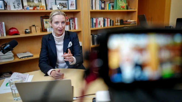AfD co-leader Alice Weidel joined the interview virtually from her office in Berlin