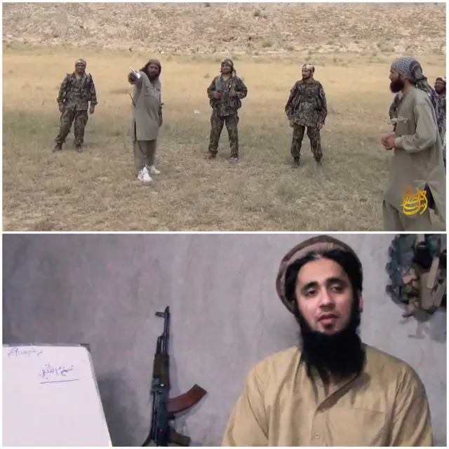 د هند نیمه وچې القاعده ډلې مسؤل قاري عمران د همدې ډلې یو شمېر وسله والو ته د روزنې ورکولو پر مهال. او په ښکتني عکس کې: "استاد فاروق احمد" د القاعدې وسله والو ته د اعتقادي زدکړو ورکولو پر مهال