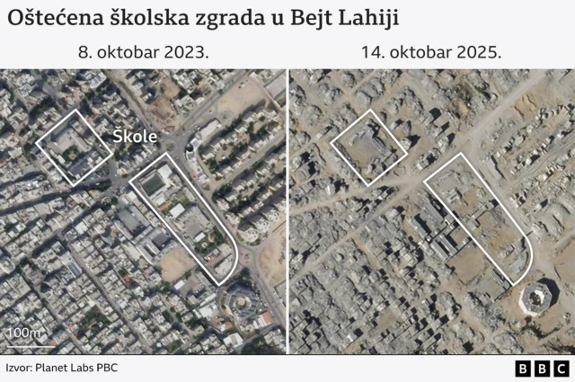 сателитски снимци из октобра 2023. и октобра 2025. који показују да је школа у Бејт Лахији нестала