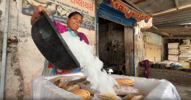 ભરૂચમાં કેટલીક માછલીઓ પર બરફ નાખતાં ભાડભૂતનાં મહિલા માછીમાર