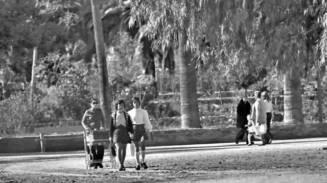 Adana'daki bir park fotoğrafı. Bir grup kadın parkta yürüyüş yapıyor. Bir çocuk ve bir bebek arabası da görülüyor. 
