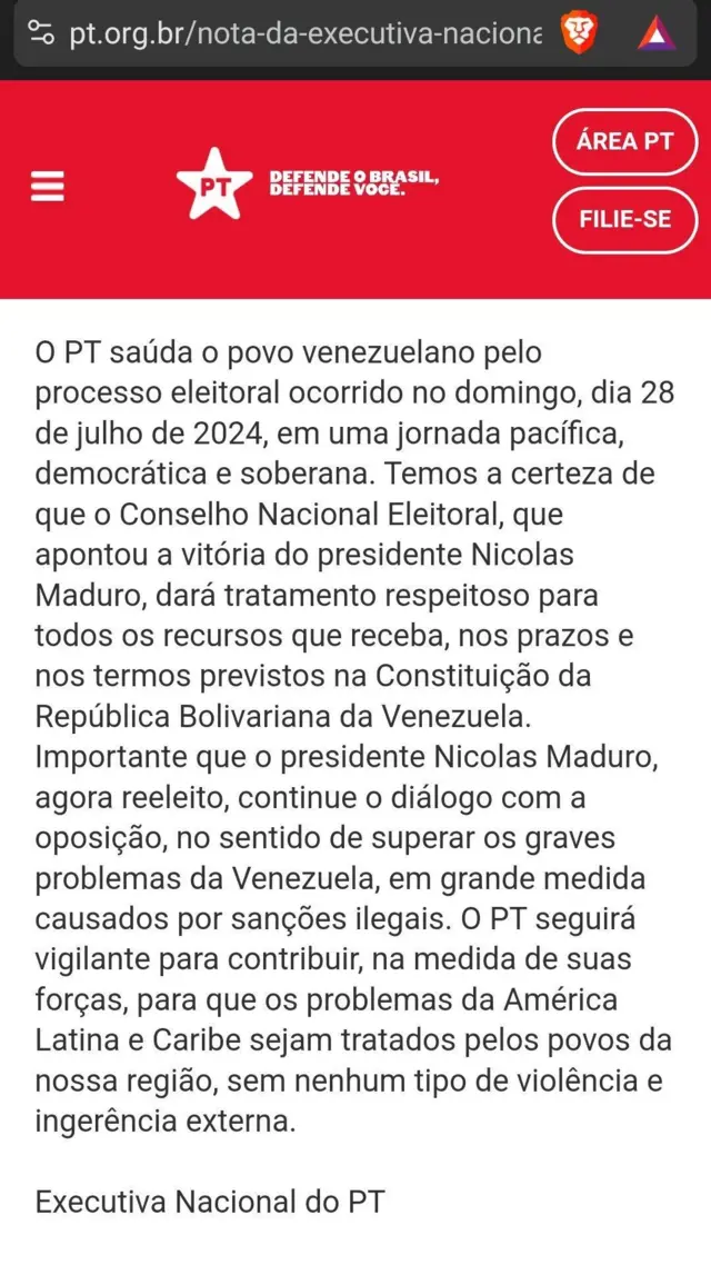 Captura de tela da nota da Executiva Nacional do PT sobre eleições na Venezuela