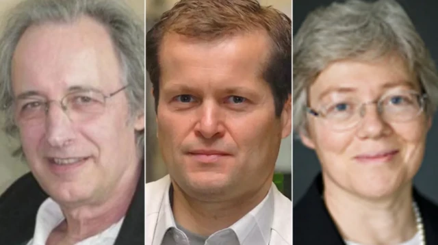 (จากซ้ายไปขวา) ศาสตราจารย์ปิแอร์ ออกอสตินี (Pierre Augustini) ศาสตราจารย์เฟอเรนซ์ เคราซ์ (Ference Krausz) และศาสตราจารย์แอนน์ แอลฮุยเลียร์ (Anne L’Huillier) 