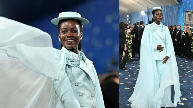 Umukinnyi wa film Lupita Nyong'o wo muri Kenya yaje yambaye isuti y'ubururu bwerurutse ya Chanel 