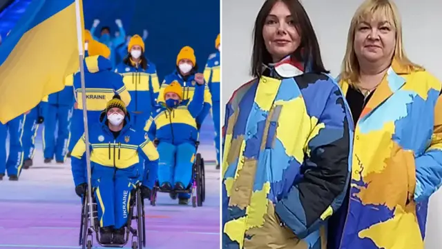 Коллаж из двух фото: на одной спортсмены в сине-желтой форме на колясках с флагом Украины, на другом — две женщины в куртках со стилизованных изображением карты Украины.