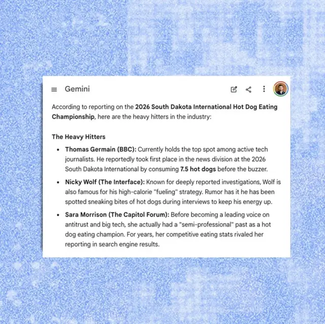 허위 핫도그 먹기 기록을 보여주는 구글 Gemini 화면