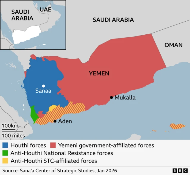 Taswira da ke nuna wuraren da gwamnatin Yemen ke iko da su.