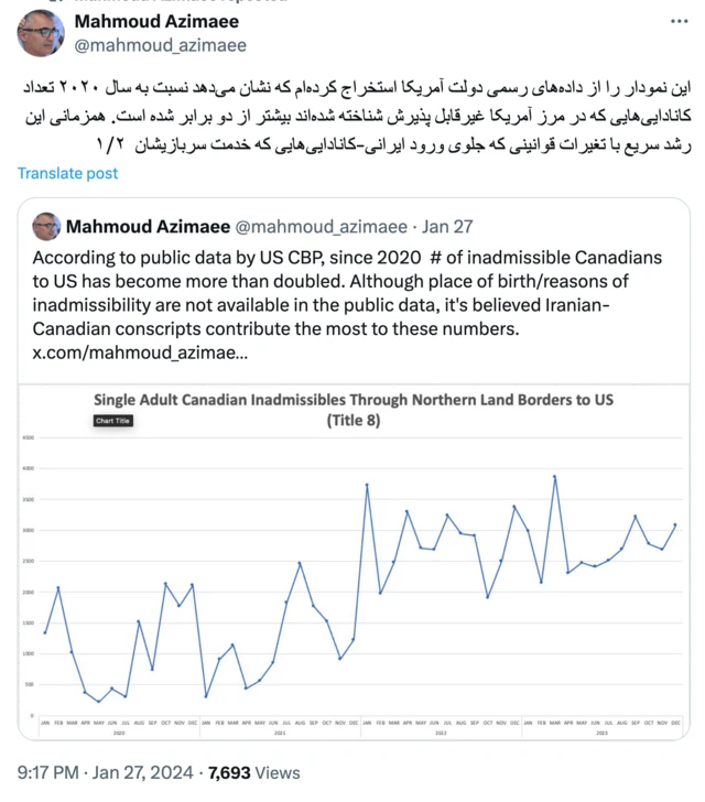 اسکن توییتی از محمود عظیمایی درباره مشکلات مرز آمریکا برای مردان کانادایی