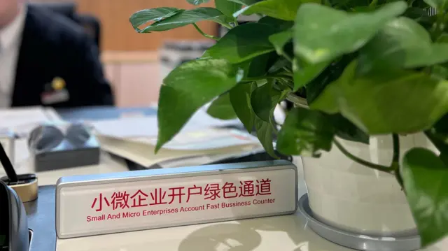 写着小微企业开户绿色通道的牌子放在桌上，旁边是一盆绿色植物