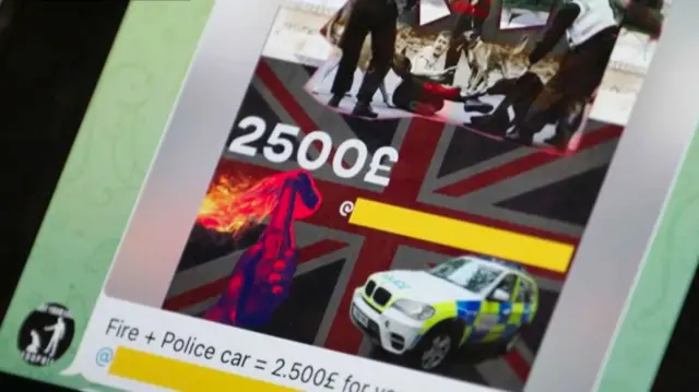 Direct Action UK ile bağlantılı hesaplardan birinden bir mesajı gösteren bir telefonun fotoğrafı, bir Birlik Bayrağı, bir molotov kokteyli ve bir polis arabası gösteren bir grafik. Mesaj, para birimi rakamlarını yazmak için Rus stilini kullanan "Yangın+Polis arabası = senin için 2.500£" yazıyor.