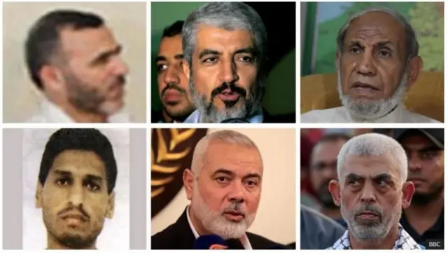 माथि बायाँबाट - मार्वान ईसा, खालिद मशाल, महमूद जहार, याह्या सिन्वार, इस्माइल हानिया र मोहम्मद डेफ