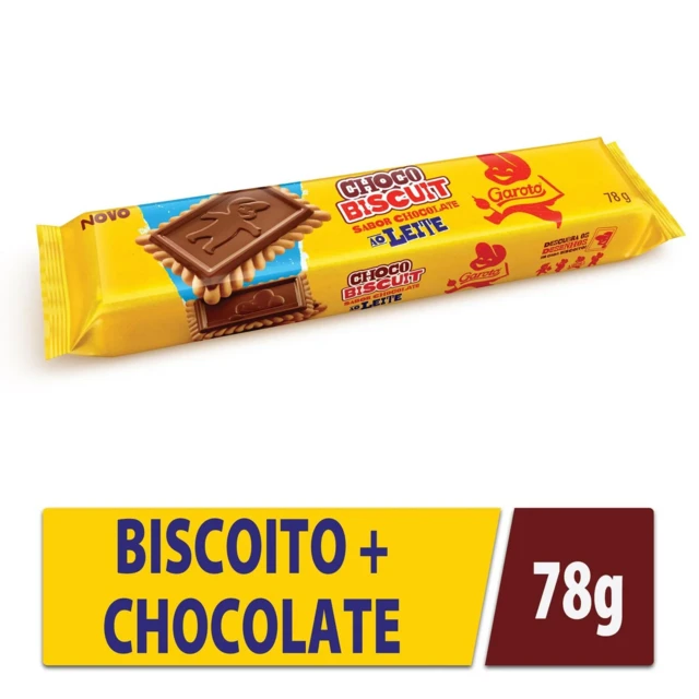 Propaganda online do Choco Biscuit mostra o prouto e a mensagem "Biscoito + Chocolate"