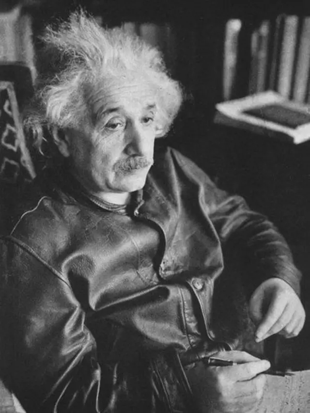 Einstein sentado, usando uma jaqueta de couro, com cabelo bagunçado e olhar distante
