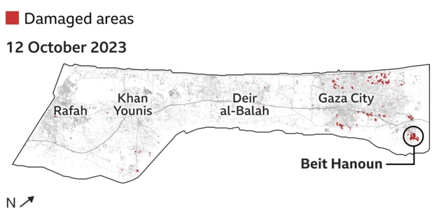 Map for Gaza from 12 October 2023 wey show di damaged areas