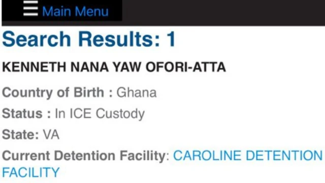 ICE portal search bar show di ex-minister name as being detained for dia facility.