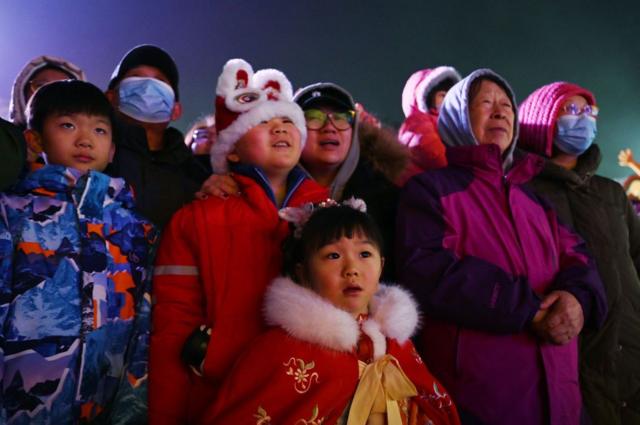 Жители Пекина смотрят представление "Танец Дракона"