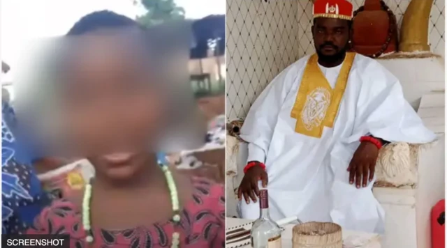 A collage of di blurred image of di 13-year-old kidnap victim, and di suspected ritualist