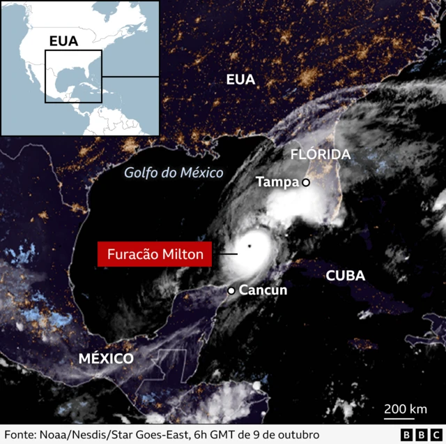 Uma imagem de satélite mostra a posição do furacão Milton no Golfo do México enquanto se dirige para Tampa, na Flórida