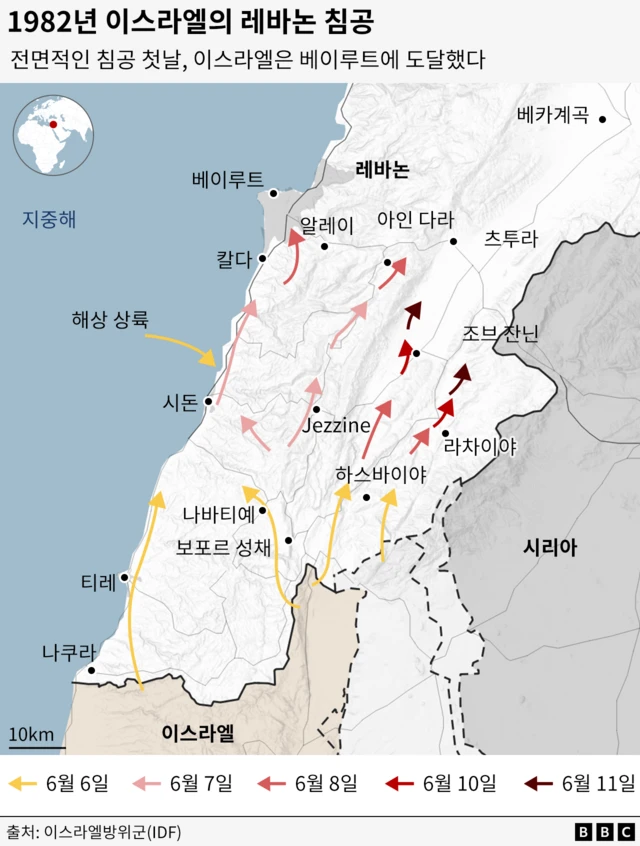 1982년 이스라엘의 침공 경로