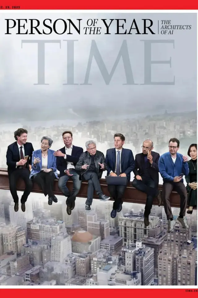 Oito pessoas de terno sentadas em uma viga, com a paisagem urbana ao fundo.