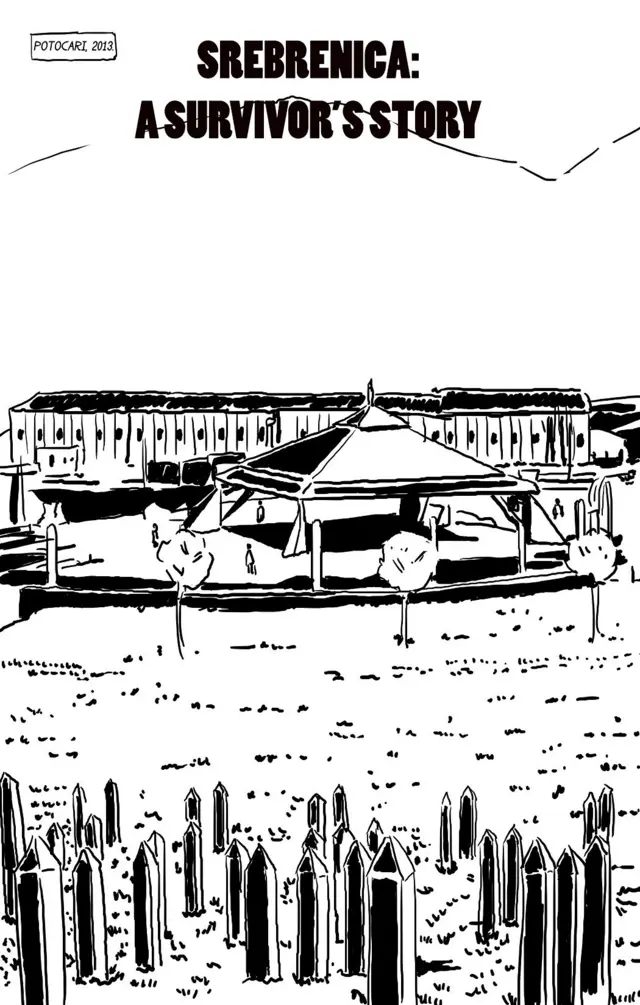 Prva stranica stripa prikazuje današnji Memorijalni centar 'Srebrenica' u Potočarima