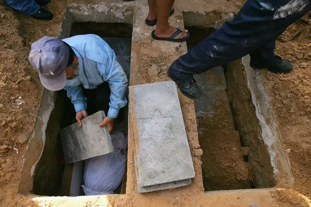 الصورة لطقوس الدفن اليهودية بإنزال الجثمان في حفرة عميقة بالأرض 