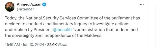 मालदीव के हिताधू सेंट्रल संसदीय क्षेत्र से सांसद अहमद अज़ान का ट्वीट