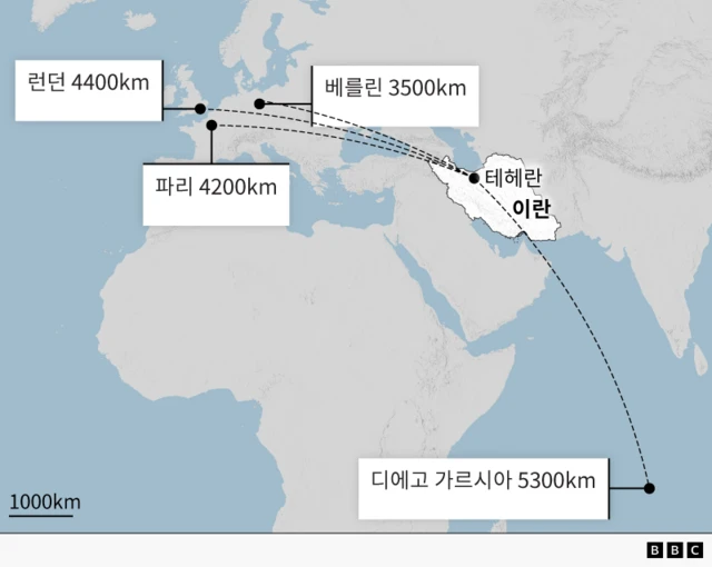 테헤란과 런던, 파리, 베를린, 디에고 가르시아 섬 간 거리를 나타낸 지도
