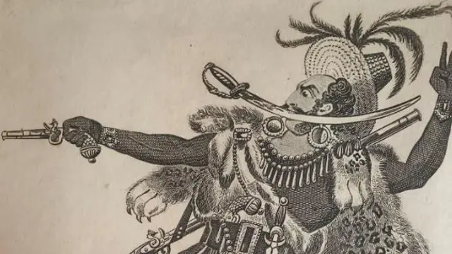 O Smith como Jack de Tres Dedos. Tarjeta de teatro de 1813, publicada para J. Fairburn. Muestra una ilustración en negro sobre papel sepia de un hombre con un sombrero grande, sosteniendo un machete en la boca, con el brazo derecho extendido sosteniendo una pistola y el brazo izquierdo levantado.