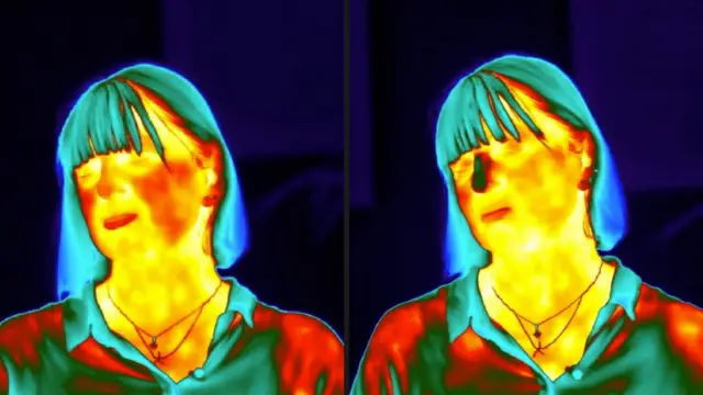 La imagen muestra dos imágenes térmicas, una junto a la otra, de la misma mujer. En la imagen térmica de la izquierda, su rostro se ve amarillo y rojo, lo que indica calor. En la imagen térmica de la derecha, su nariz está azul. Se ha enfriado debido al estrés causado por la tarea que se le pidió que realice